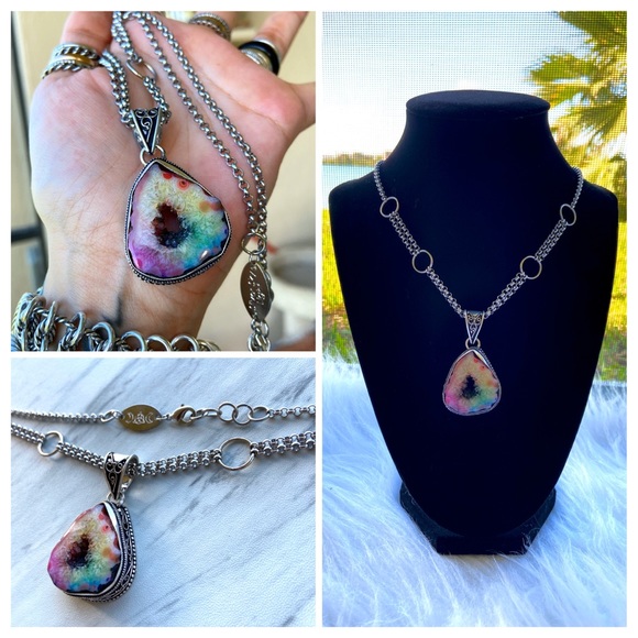 925 silver Rainbow solar quartz + steel necklace - Picture 3 of 8